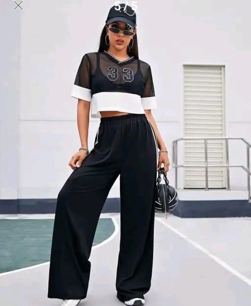 Women's Hight Waist Wide-Leg Jogger Pant Black & White Stripe